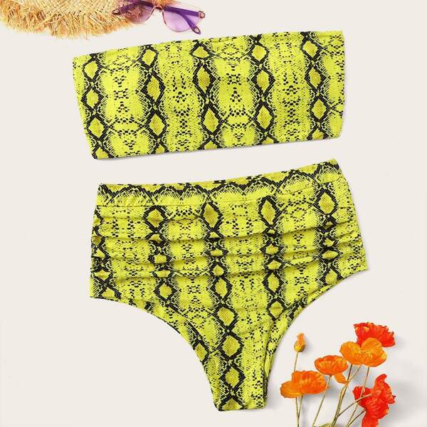 

Plus Snakeskin Bandeau Top With High Waist Bikini, Multicolor