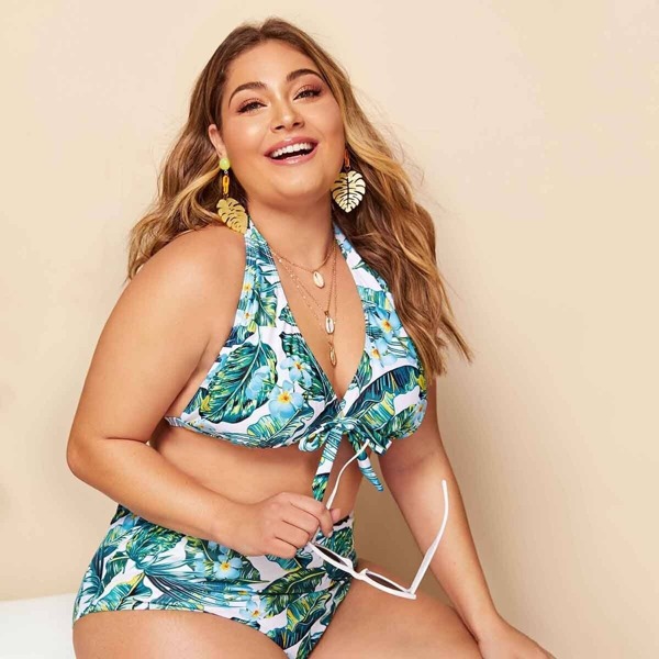 

Plus Tropical Knot Top With High Waist Bikini, Multicolor