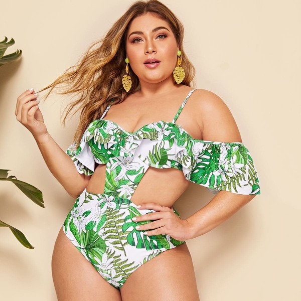 Plus Tropical Ruffle Trim Monokini
