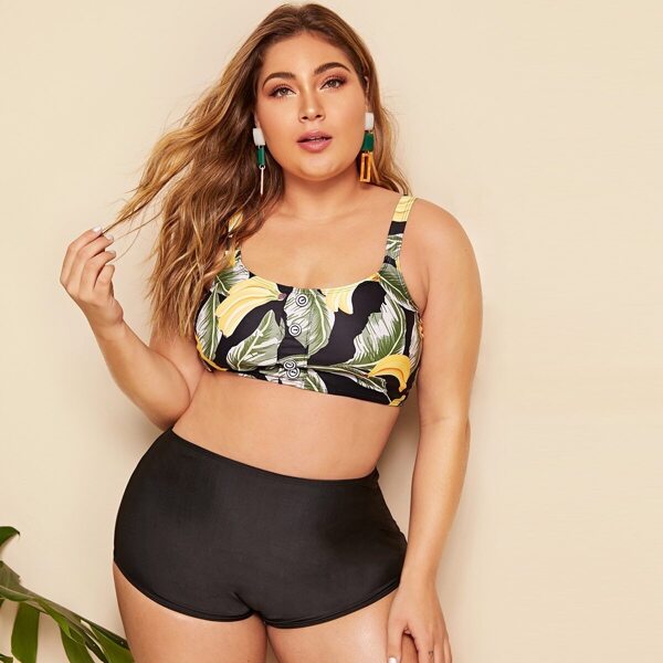 

Plus Tropical Top With High Waist Bikini, Multicolor