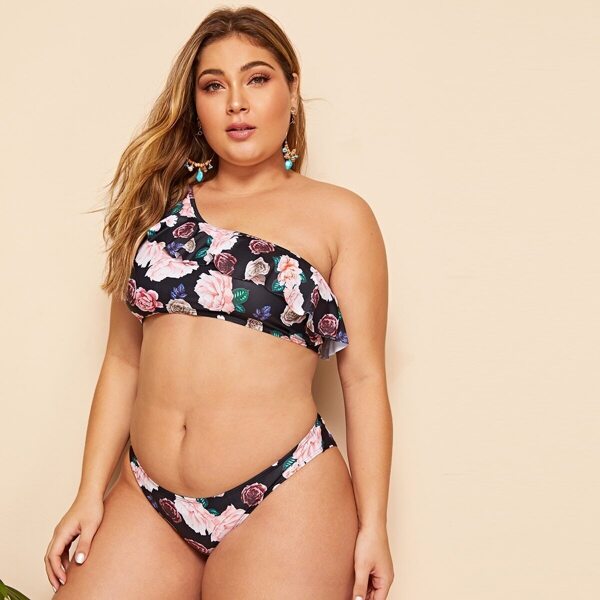 

Plus Floral One Shoulder Ruffle Bikini Set, Multicolor