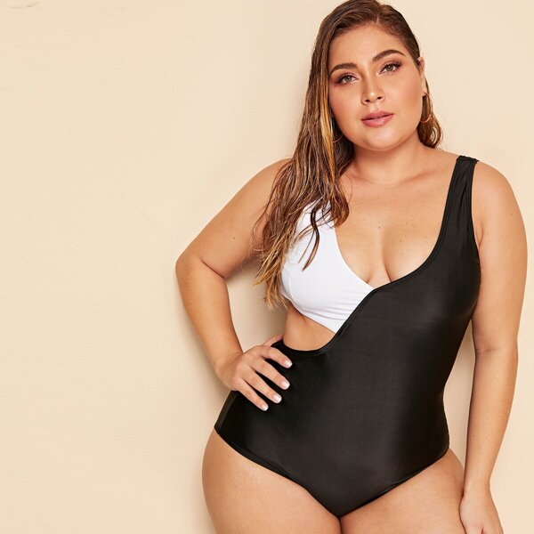 

Plus Two Tone Cut-out One Piece Swimwear