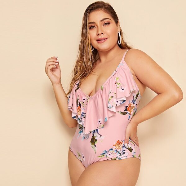 

Plus Floral Ruffle Hem One Piece Swimwear, Pink pastel