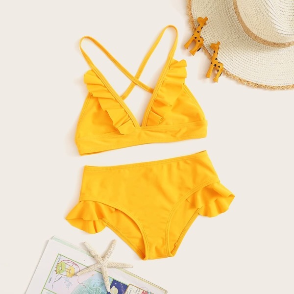 

Girls Criss-cross Ruffle Top With High Waist Bikini, Yellow bright