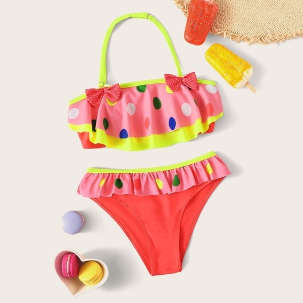 

Girls Bow Decor Polka Dot Ruffle Halter Bikini Set