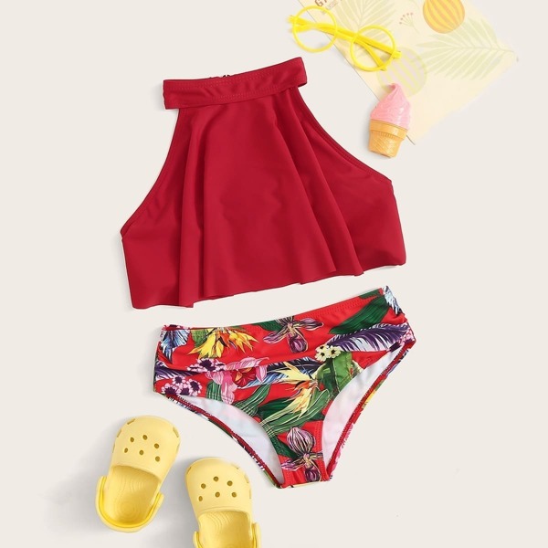 

Girls Floaty Top With Random Tropical Print Bikini
