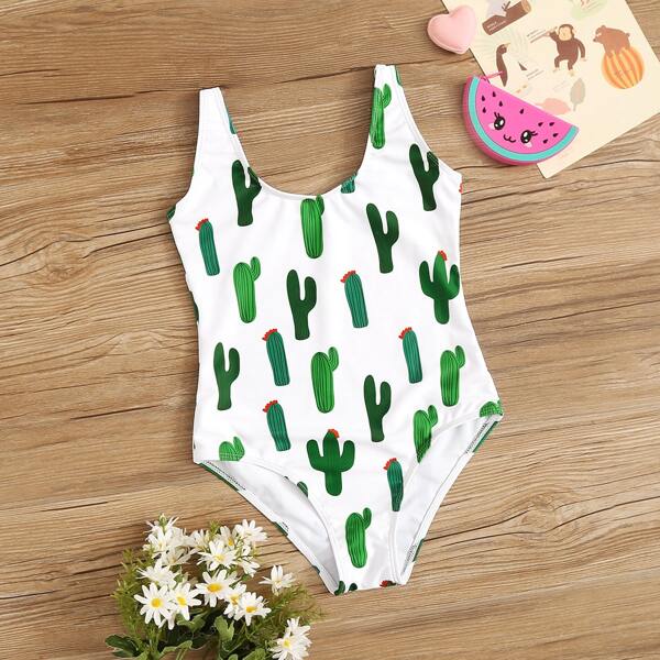 

Girls Random Cactus Print One Piece Swimsuit
