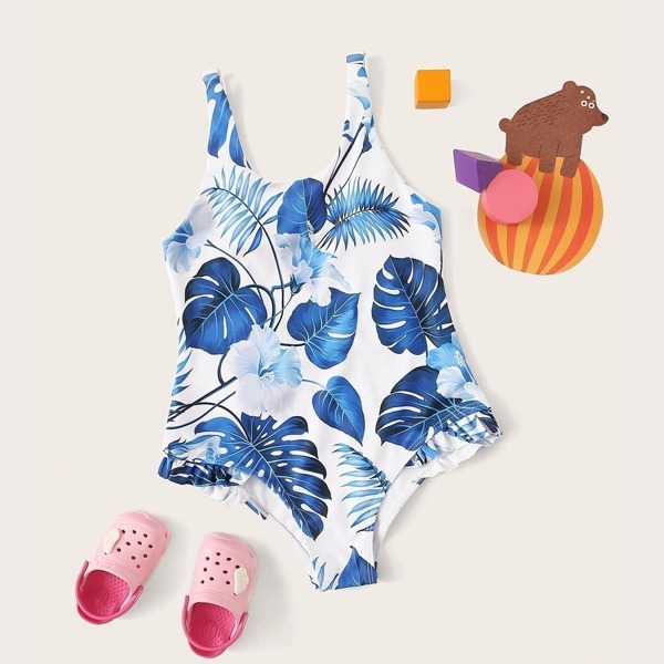 

Girls Random Tropical Print One Piece Swimsuit, Multicolor