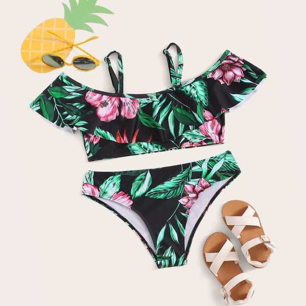 Girls Flounce Top With Random Tropical Bikini Set
