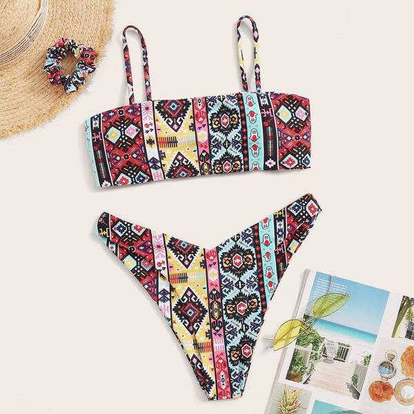 

Random Graphic Print High Leg Bikini Set With Hair Tie
