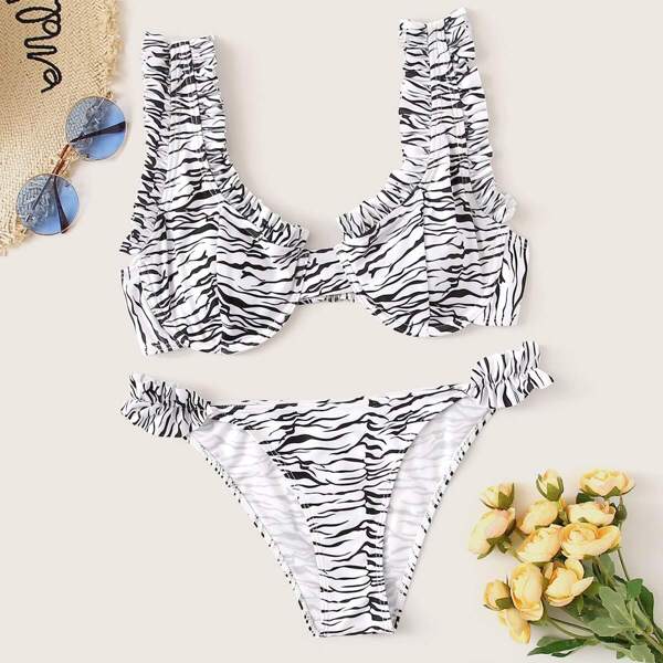 

Zebra Print Frill Trim Underwired Bikini Set, Black and white