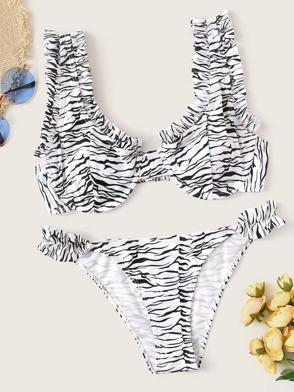 

Zebra Print Frill Trim Underwired Bikini Set, Black and white
