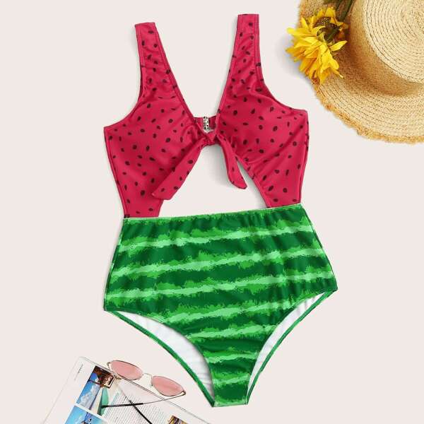 

Random Watermelon Cut-out Tie Front One Piece Swimwear
