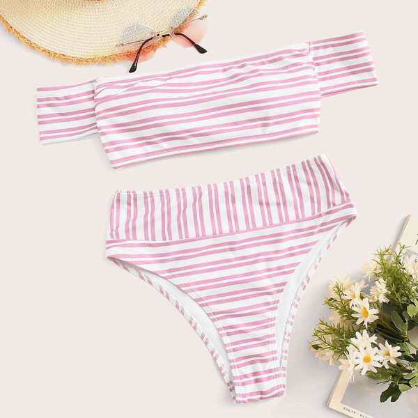 

Striped Short Sleeve Bardot Top With High Waisted Bikini, Multicolor