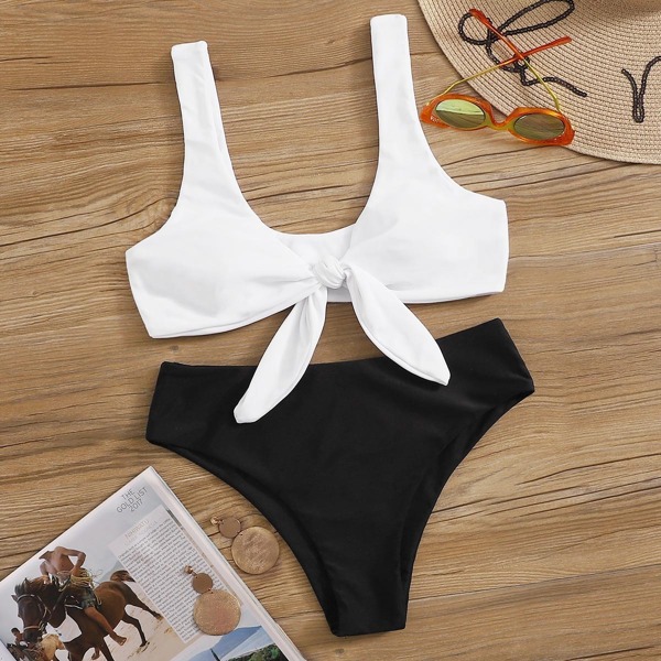 

Two Tone Knot Front Bikini Set, Black and white