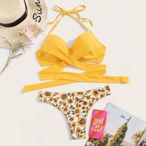 

Cross Wrap Halter Top With Random Sunflower Print Bikini, Yellow