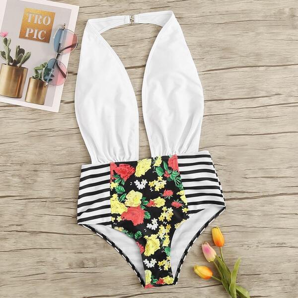 

Random Floral & Striped Ruched Backless One Piece Swimsuit