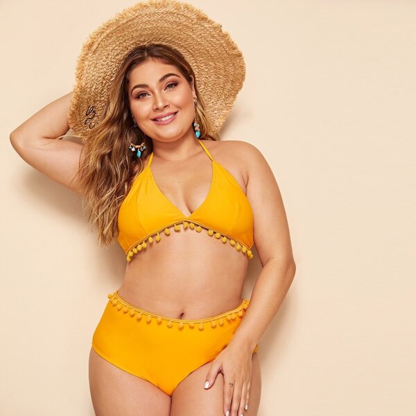 

Plus Pom Pom Triangle Top With High Waist Bikini, Yellow