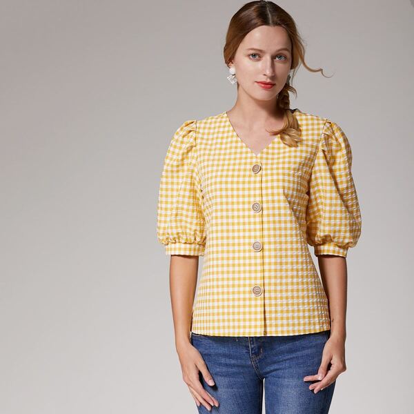 

Gingham Print Bishop Sleeve Button Front Blouse