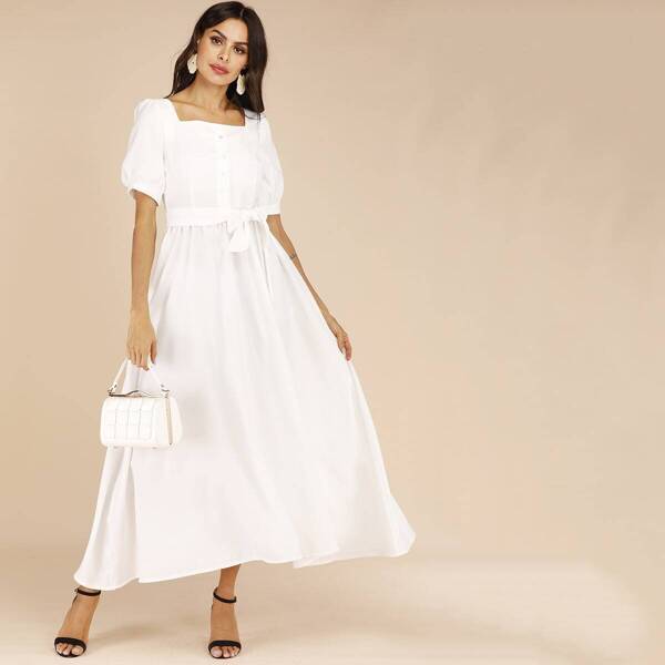 

Square Neck Belted Bishop Sleeve Maxi Dress