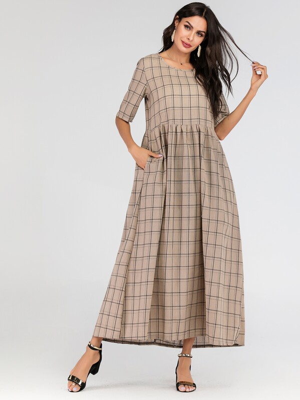 

Glen Plaid Hidden Pocket Maxi Dress, Beige