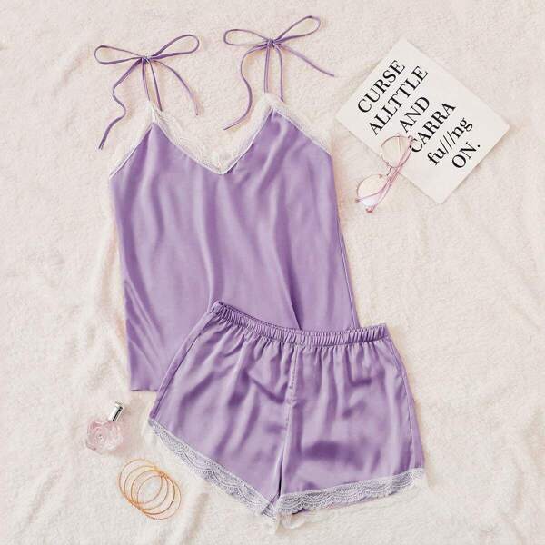 

Lace Trim Satin Cami Pajama Set