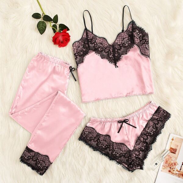 

Floral Lace Satin Cami PJ Set With Pants