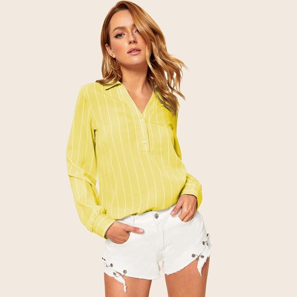 

V-neck Button Half Placket Striped Top