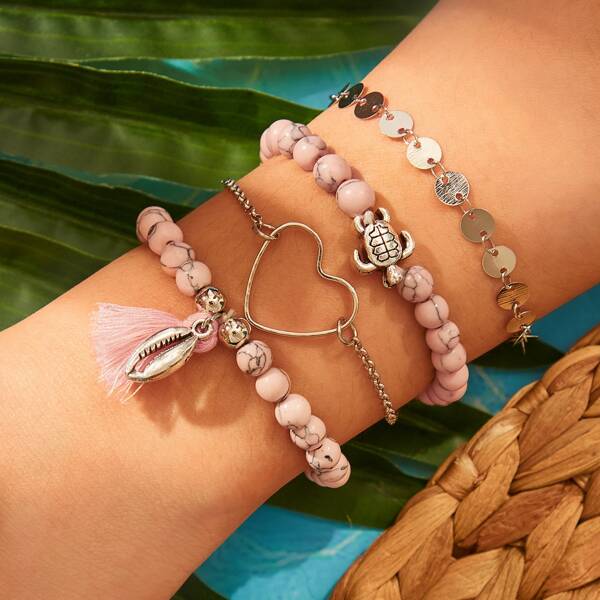 

Disc & Bead Decor Bracelet 4pcs, Pink