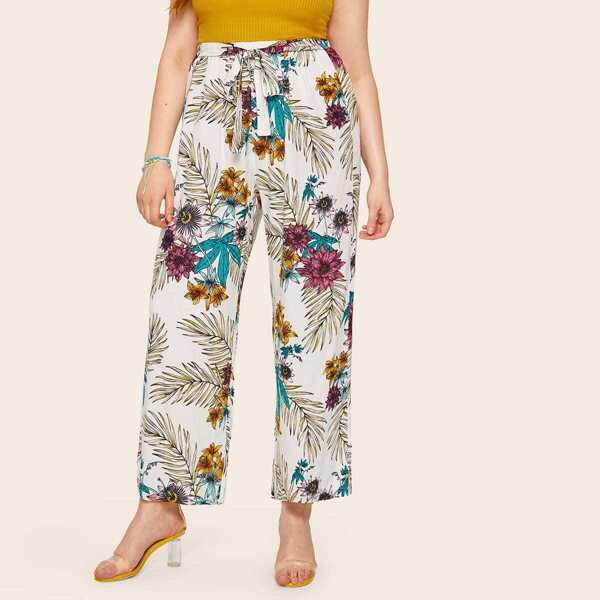 

Plus Plants Print Self Belted Pants, Multicolor