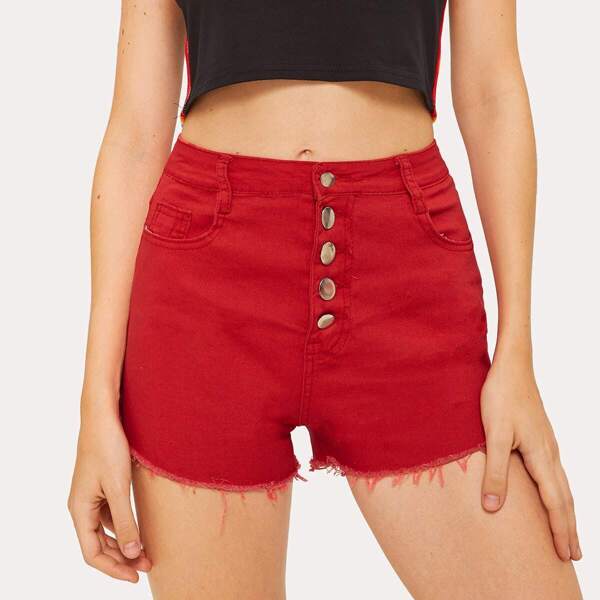 

Button Through Raw Hem Denim Shorts