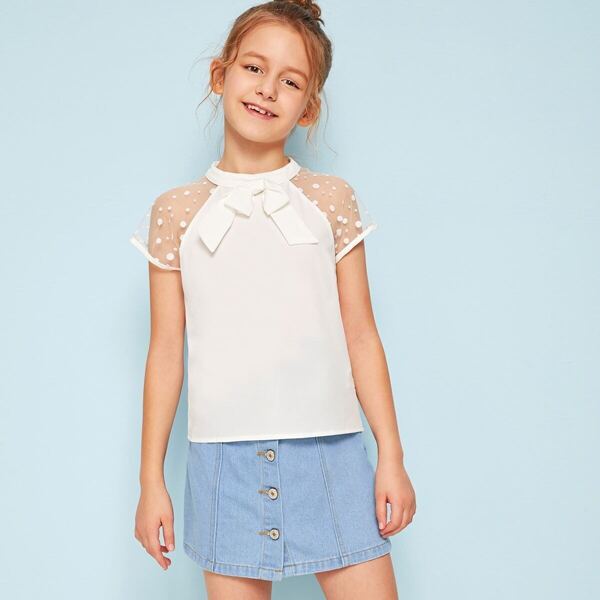 

Girls Keyhole Back Raglan Dot Mesh Sleeve Blouse, White