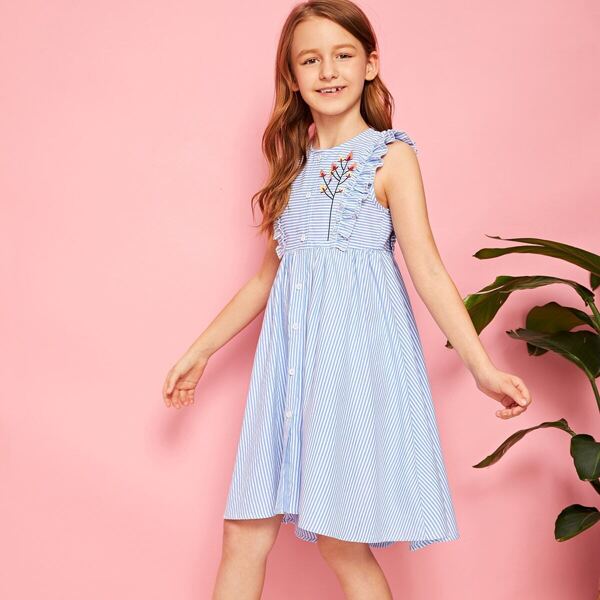 

Girls Striped Button Front Frill Trim Dress