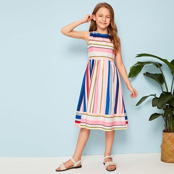 

Girls Zip Back Colorful Striped Dress, Multicolor