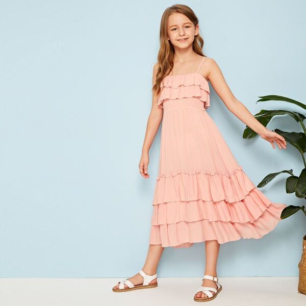 

Girls Layered Ruffle Hem Shirred Cami Dress, Pink