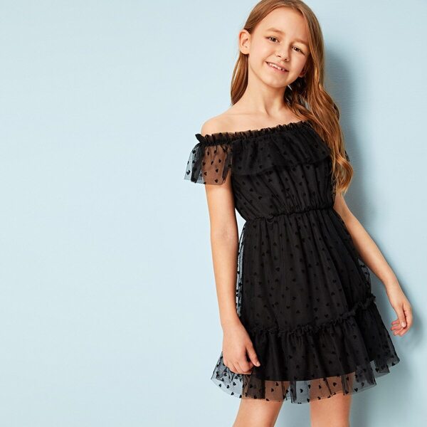 

Girls Heart Print Frill Trim Mesh Bardot Dress