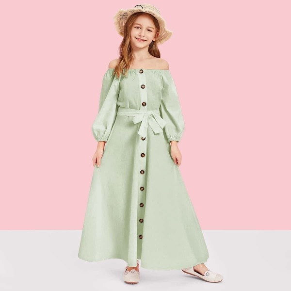 

Girls Off Shoulder Lantern Sleeve Button Front Dress, Green pastel