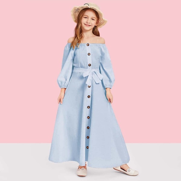 

Girls Button Fly Belted Bardot Maxi Dress, Blue pastel