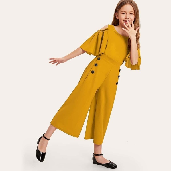 

Girls Cold Shoulder Flutter Sleeve Wide Leg Jumpsuit, Yellow