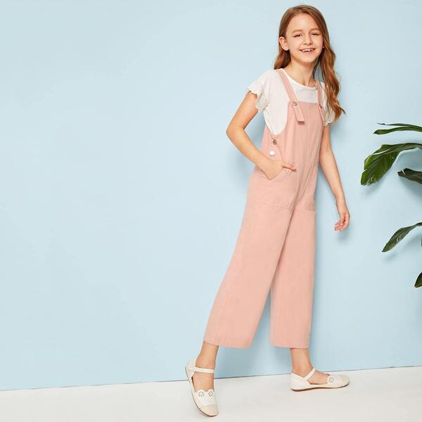 

Girls Pocket Patched Wide Leg Overalls, Pink pastel