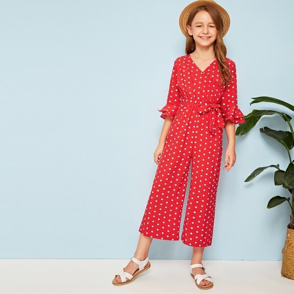 

Girls Polka Dot Surplice Neck Flounce Sleeve Palazzo Jumpsuit