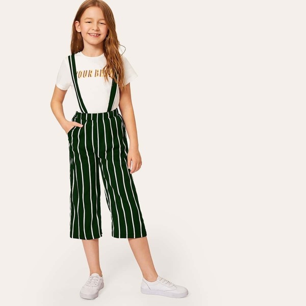 

Girls Wide Leg Crop Striped Pants With Strap, Green