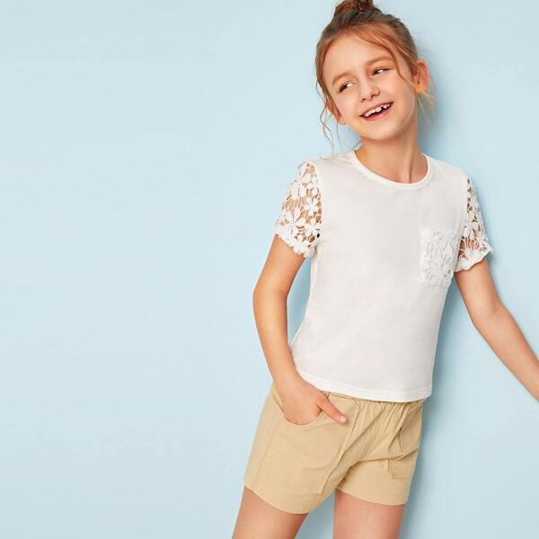 

Girls Pocket Patched Guipure Lace Sleeve Top