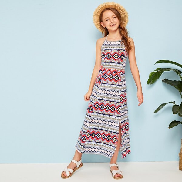 

Girls Aztec Print Halter Top and Split Skirt Set