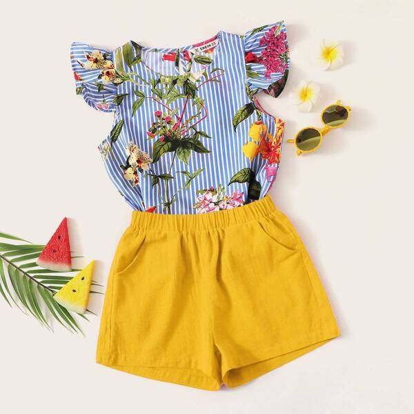 

Girls Ruffle Armhole Floral Top & Shorts Set, Multicolor