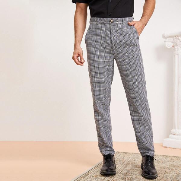 

Men Zip Fly Slant Pocket Glen Plaid Dress Pants, Black and white