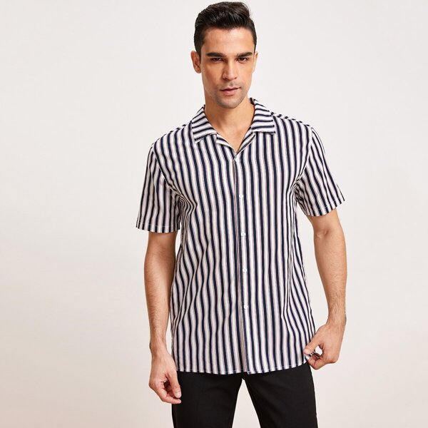 

Men Button Up Notched Striped Shirt, Multicolor