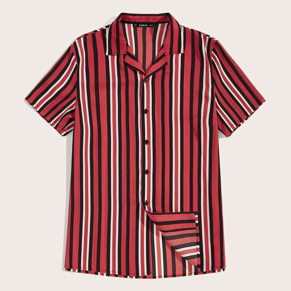 

Men Notched Collar Striped Shirt, Multicolor