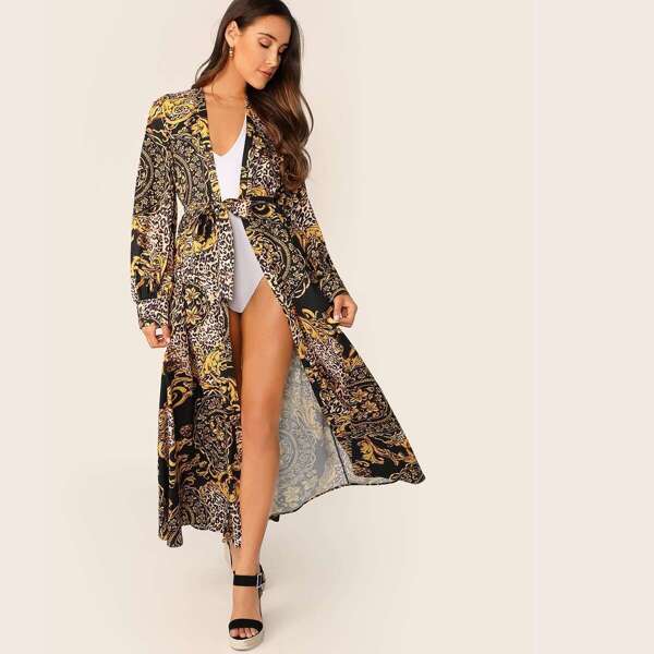 

Leopard and Baroque Print Self Belted Abaya, Multicolor