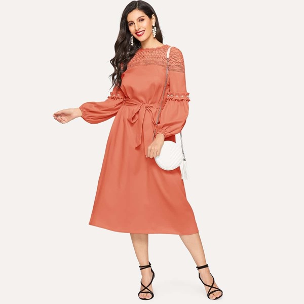 

Pearls Detail Lantern Sleeve Dress With Belt